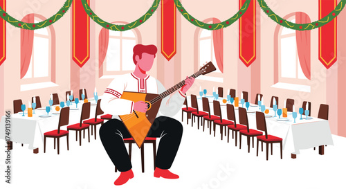 Musician Playing Balalaika in Festive Hall with Tables Set for Celebration