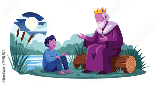 A Young Boy Listens Intently To A Wise Old King Under A Moonlit Sky