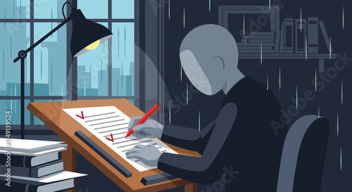A solitary figure diligently works on a project by the window on a rainy day