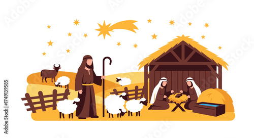 A Shepherd Watches Over His Flock Near a Stable Under a Starry Sky
