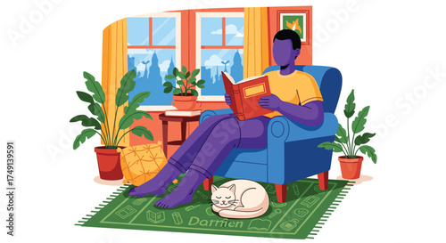 Person relaxing reading book in cozy armchair with cat sleeping nearby a window