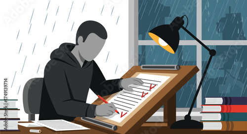 Student Working Diligently on Assignments During a Rainy Evening Studying Deeply