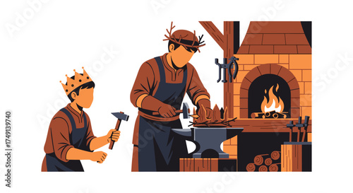 Young King Learning Blacksmithing Skills From His Father