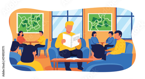 A man reads aloud to a diverse group of people in a bright community space