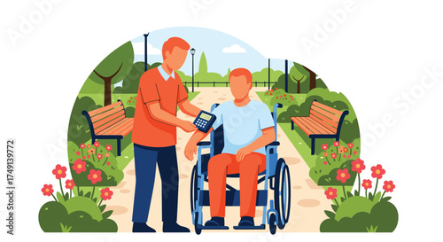 Elderly person receives medical assistance in park with caregiver checking blood pressure