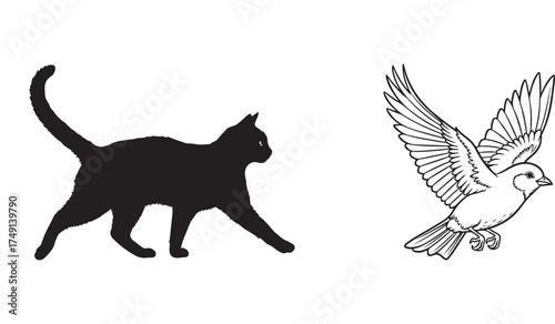 Silhouette of a Cat and a Bird in Flight on White Background