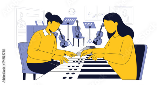 Two people play a keyboard and practice music together