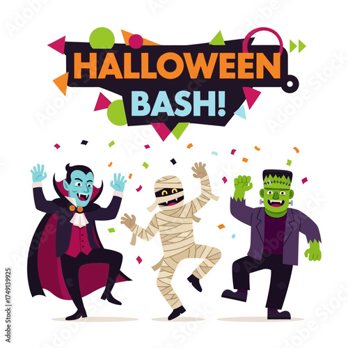 Cheerful cartoon monsters in costume dancing at a fun halloween party. A festive vector illustration of a vampire, mummy, and monster celebrating
