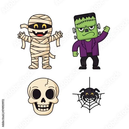 Fototapeta Set of four adorable cartoon Halloween monster icons including a mummy, Frankenstein's monster, a skull, and a spider
