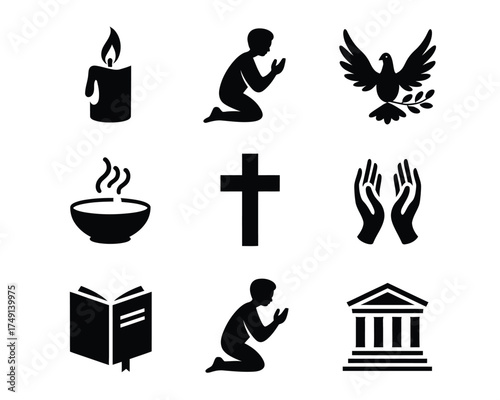 Collection of nine black and white religious icons set for digital and print applications vector eps silhouette