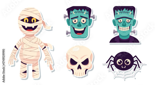 Spooky Halloween Character Stickers Mummy, Frankenstein, Skull, and Spider Designs