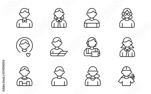 Diverse set of scalable vector icons representing people professions and styles silhouette