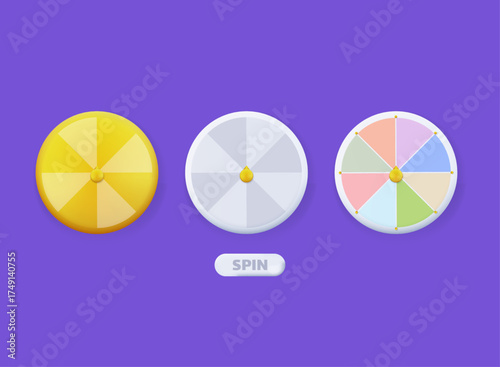 Colorful 3D spin the wheel game interface with golden, silver, and pastel variants on purple background