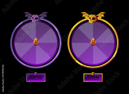 Halloween fantasy spin the wheel UI with skull bat wings and glowing purple golden theme on dark background