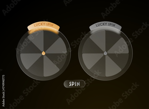 Glassmorphism lucky spin wheel game UI, elegant transparent interface with gold and silver theme, modern glossy design on dark gradient background.