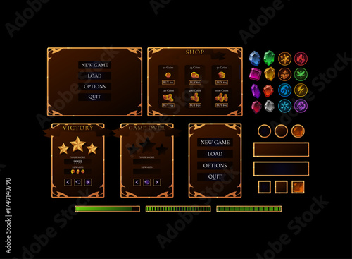 Golden fantasy game UI design, RPG GUI pack with gems and elemental icons, elegant gold interface for shop, menu, victory and progress bar screens.