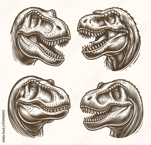 Tyrannosaurus Rex Head Vector Set, Vintage Dinosaur Illustration Collection