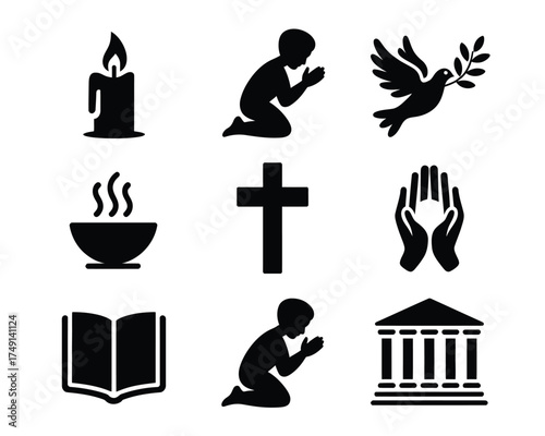 Set of 9 black and white religious and spiritual icons scalable vector illustration for eps files silhouette