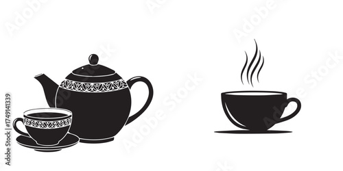 Black Silhouette of Teapot and Steaming Cup on White