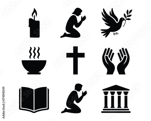 Set of 9 black and white religious icons and symbols vector illustration scalable eps graphic silhouette