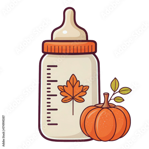 Whimsical baby bottle with orange pumpkin and autumn leaf design for fall season isolated on transparent background