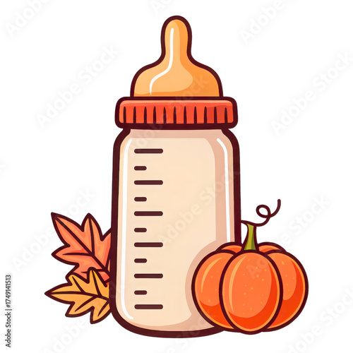 Baby bottle with orange pumpkin and autumn leaves celebrating fall harvest and baby's first feeding isolated on transparent background