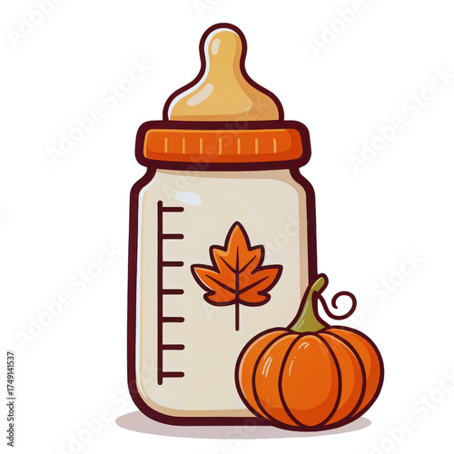 Cute baby bottle with orange pumpkin and autumn leaf design for healthy fall feeding isolated on transparent background