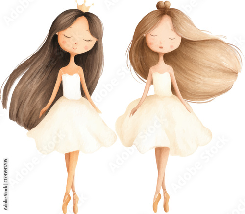 
Two cute little princesses, simple watercolor clipart of two beautiful ballerina girls in white dresses and with long hair