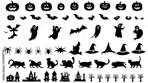 Collection of halloween silhouettes featuring pumpkins bats ghosts spiders cats hats and haunted houses images