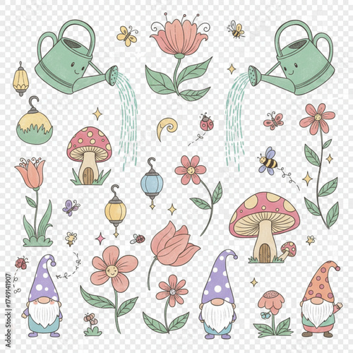 A lively, hand-drawn summer garden clip art set featuring watering cans pouring water, colorful flowers, buzzing bees, lanterns, mushrooms, and adorable garden gnomes. 