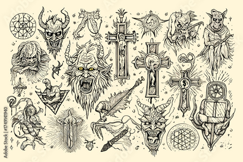 Collection of fantasy horror themed drawings including demons and religious symbols on a light background