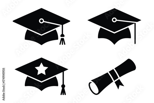 Four graduation caps and a diploma illustration vector scalable eps icon for educational projects silhouette