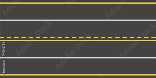 Black asphalt road texture background. Asphalt road texture with yellow lines of traffic lanes, highway or race road background with tar or asphalt surface.