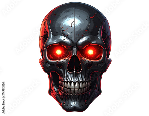 Futuristic Robotic Skull with Glowing Red Eyes Isolated on Transparent Background — AI Cyberpunk Concept