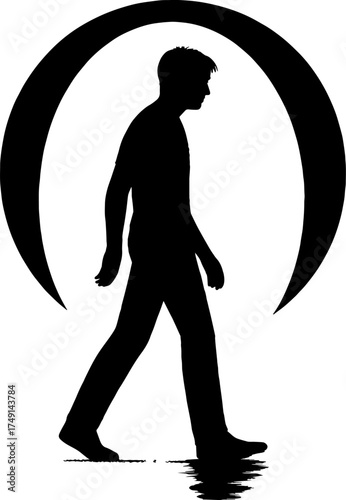 Male silhouette walking through circular doorway - transition symbolism vector with white background 