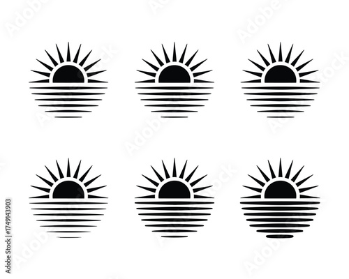 Set of six minimalist sun and horizon vector illustrations for scalable graphics silhouette