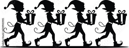 Four silhouetted elves walking and carrying christmas presents festive holiday scene