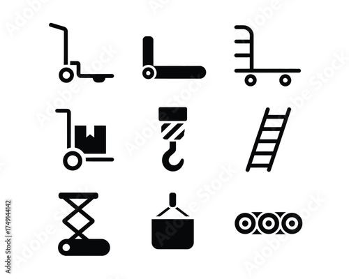 Collection of 9 black and white industrial equipment icons vector scalable eps illustration silhouette