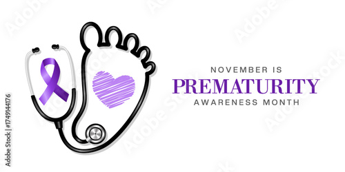 November Prematurity Awareness Month. Foot shape stethoscope. Suitable for posters, banners and social media. White background.