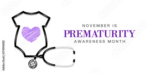 November Prematurity Awareness Month. Baby clothes shape stethoscope. Suitable for posters, banners and social media. White background.