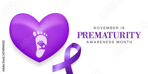 November Prematurity Awareness Month. Heart, ribbon, foot and hand. Suitable for posters, banners and social media. White background.