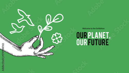 Art collage with sketch human hand and flower. Eco poster, climate awareness, green event promotion, social post, recycling services, education, eco tourism concept. Hand drawn vector illustration.