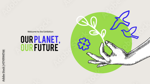 Trendy collage with sketch human hand and flower. Eco poster, climate awareness, green event promotion, social post, recycling services, education, eco tourism concept. Hand drawn vector illustration.