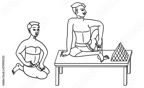 A simple line art vector illustration depicting traditional Thai social roles. A master (Nai) is seated on a bench or couch with a pillow, while a servant (Bao) is positioned lower, kneeling on the gr