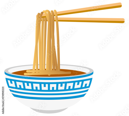 Tasty noodle food vector in a bowl, representing Asian carbohydrate meal illustration.