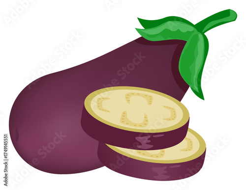 Eggplant food vector showing purple vegetable rich in fiber, vitamins, and antioxidants.