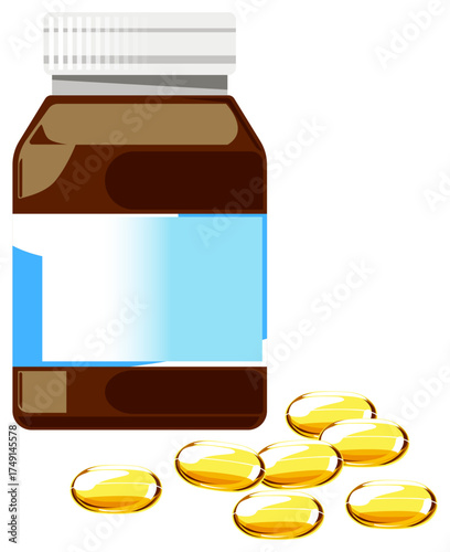 Fish oil food vector showing vitamin supplement capsules rich in omega-3 for healthy nutrition.