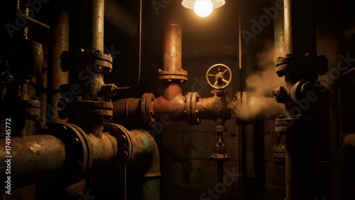 Rusty Pipes System With Valve and Steam, Dark Industrial Setting