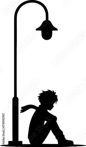 Silhouette of lonely boy sitting under streetlight at midnight - solitude concept vector with white background 