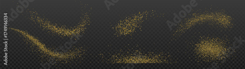 Golden sugar powder particles scattered on transparent background - various spill patterns and dust clouds with fine granular textures. Culinary ingredient effects for cooking and baking design.
